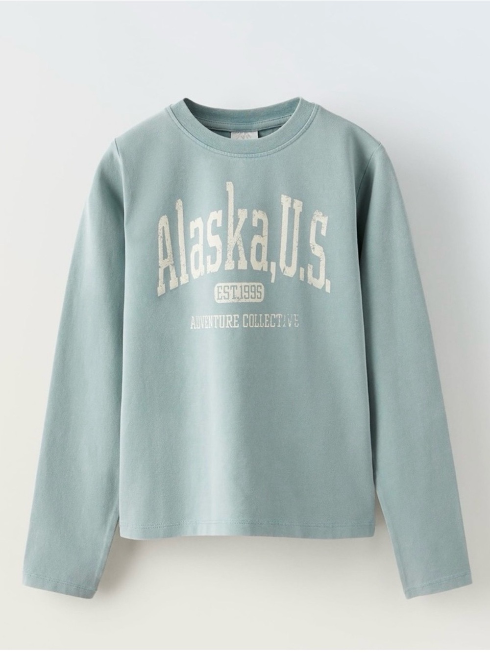 Zara Girls Varsity Style Long Sleeve Shirt Teal Alaska Adventure Graphic 13 14